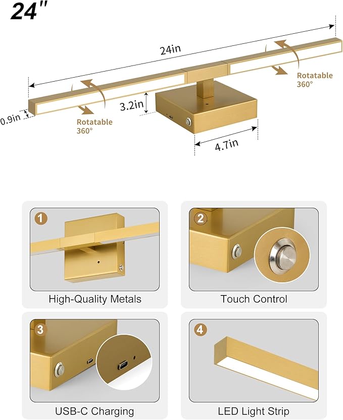 Rayogale 8000mAh Battery Operated Wall Sconce, 3000K/4500K/6000K Dimmable Gold Cordless Rechargeable Wall Sconces Set of Two with Timer Function for Living Room, Bedroom, Stairwell, 24 Inch
