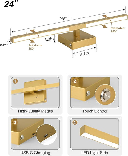 Rayogale 8000mAh Battery Operated Wall Sconce, 3000K/4500K/6000K Dimmable Gold Cordless Rechargeable Wall Sconces Set of Two with Timer Function for Living Room, Bedroom, Stairwell, 24 Inch