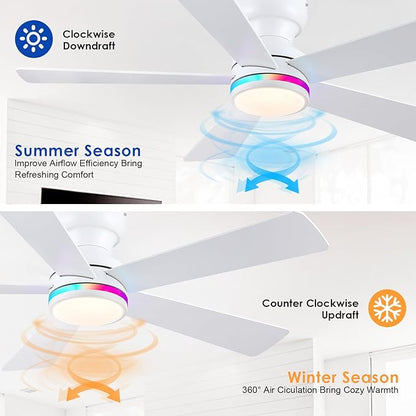 White RGB Ceiling Fans with Lights - 46" Flush Mount Ceiling Fan with Remote APP, RGB+3CCT Dimmable Led Light, Reversible 6 Wind Speeds&2H Timer, Low Profile Modern Fan Light Fixture for Bedroom Party