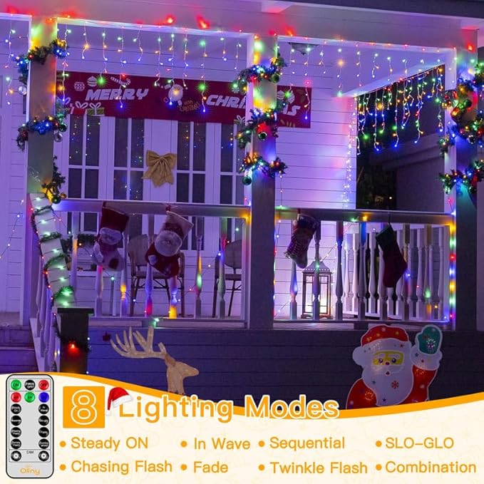 Ollny Icicle Lights for Outside 504LED 41FT, Multicolor Christmas Light with Remote 8Modes Timers Waterproof, Plug in Connectable Hanging Lights for Outdoor Indoor House Roof Holiday