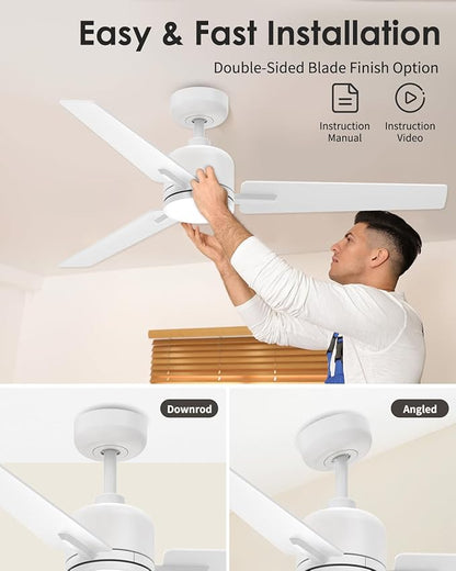 Newday 52 Inch White Ceiling Fan with Lights and Remote, Modern DC Motor Ceiling Fan with 3 Reversible White/Natural Wood Blades, 3CCT Dimmable LED, 6 Speeds, Quiet Fan for Nursery, Bedroom, Patio