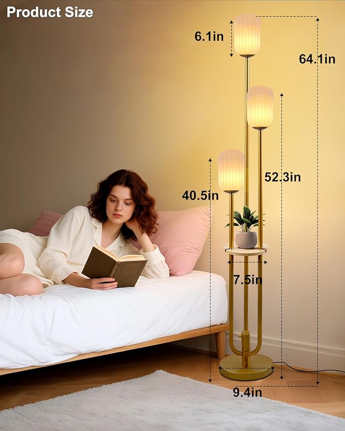 Floor Lamp for Living Room, Dimmable Vintage Floor Lamp with Shelf & LED Bulbs, 3 Light 3000K Soft Warmwhite Mid Century Standing Lamp, Tall Lamps with 5Lbs Heavy Base for Bedroom Office