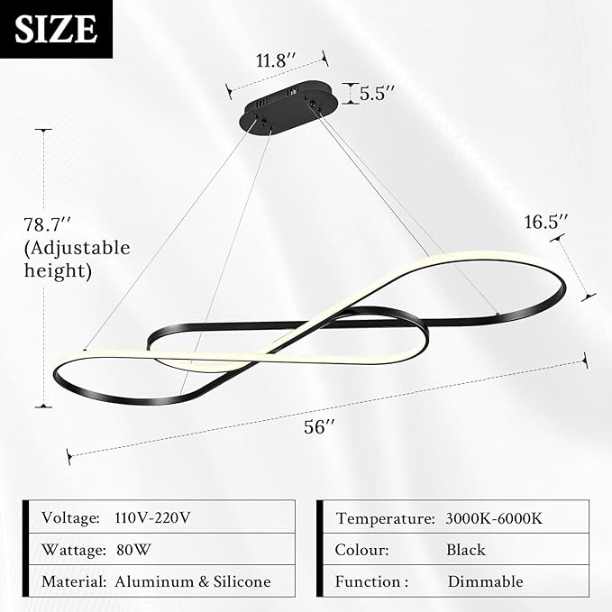 Modern LED Chandelier Black Dimmable LED Pendant Light for Dining Room Light Fixture Over Table Modern Kitchen Island Lighting High Ceiling with Remote for Living Room(56 Inch, 3000K-6500K)