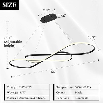 Modern LED Chandelier Black Dimmable LED Pendant Light for Dining Room Light Fixture Over Table Modern Kitchen Island Lighting High Ceiling with Remote for Living Room(56 Inch, 3000K-6500K)