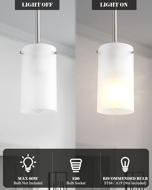 Mini Pendant Light Fixture 1-Light, 2 Pack Brushed Nickel Hanging Ceiling Lights with Opal White Glass, Adjustable Height, Modern Hanging Pendant Lamp for Kitchen Island