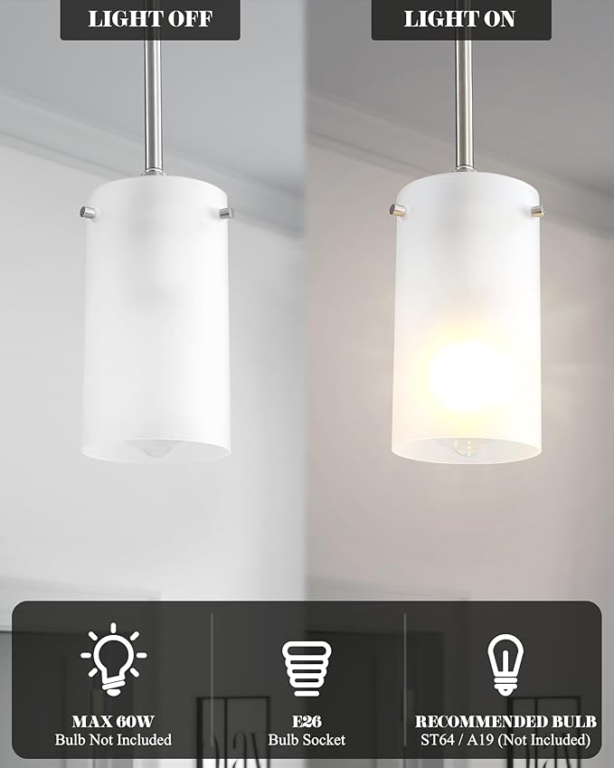 Mini Pendant Light Fixture 1-Light, 3 Pack Brushed Nickel Hanging Ceiling Lights with Opal White Glass, Adjustable Height, Modern Hanging Pendant Lamp for Kitchen Island