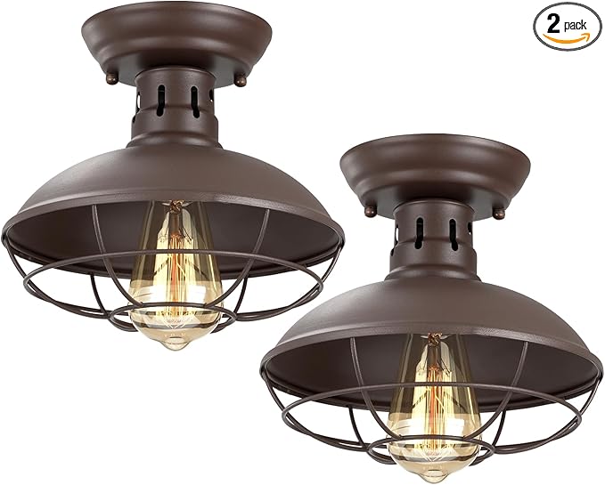 FRIDEKO HOME 2 Pack Farmhouse Flush Mount Ceiling Light Industrial Ceiling Light Fixture Rustic Copper Metal Cage Flush Mount Ceiling Light E26 Base for Hallway Foyer Kitchen Porch