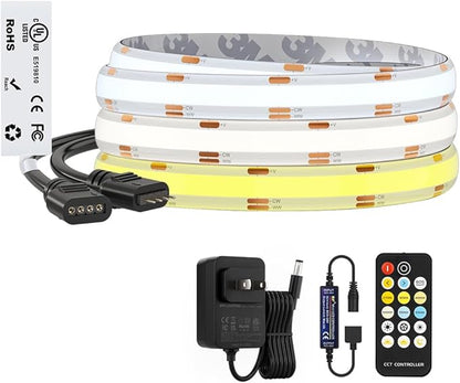 BTF-LIGHTING FCOB COB CCT 3000K-6000K Tunable White LED Strip with RF Remote,UL Listed 12V 9.8FT 640LEDs/m Super Bright Dimmable Tape Light for Bedroom Kitchen Under Cabinet Indoor Decor
