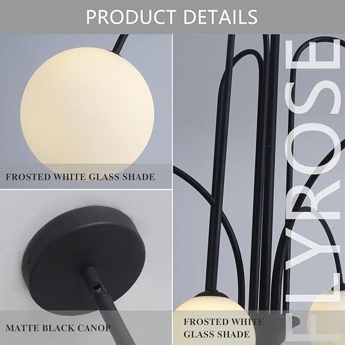 Mid Century Modern Chandelier 6-Light Milk Glass Chandelier Black Sputnik Chandelier Light Fixture Frosted White Globe Chandelier Nordic Chandeliers for Dining Room Living Room