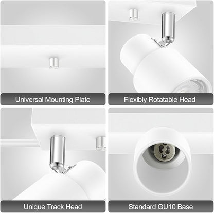 Plug in Track Lighting Fixtures Ceiling, White Track Light LED, 2-Light Track Lights with Cord, 2 Way Ceiling Spotlight, Rocker Switch, Rotatable Wall Mount Light for Kitchen/Bedroom,Bulb Not Included