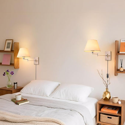 Rose Gold Wall Sconce Plug in, Swing Arm Wall Lamp with Beige Fabric Shade for Living Room Doorway Study Room Bedroom Bedside Reading Wall Light Fixtures with On/Off Switch