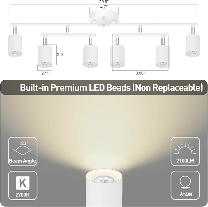 BoostArea 6 Light Track Lighting Fixtures Ceiling, 24W White LED Track Lighting, Ceiling Lights with 2700K Warm White Lighting, Modern Track Lighting Kit for Kitchen/Hallyway/Bar