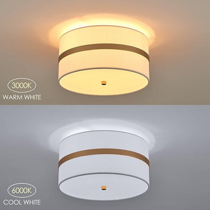 Semi Flush Mount Ceiling Light Fixture, Thin Pale Gold Brush Paint Finish Modern Ceiling Lamp with Cream White Fabric Drum Shade for Nursery Kids Room Bedroom Kitchen Hallway Entryway 3-Light
