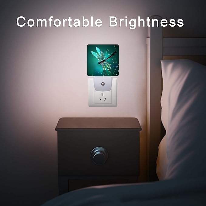 Dragonfly Night Light,Fantasy Green Dragonfly Plug-in Night Lights with Dusk-to-Dawn Sensor for Bedroom, Bathroom and Living Room Sleep Friendly lamp for Women/Girls/Boys Gift,0.5W