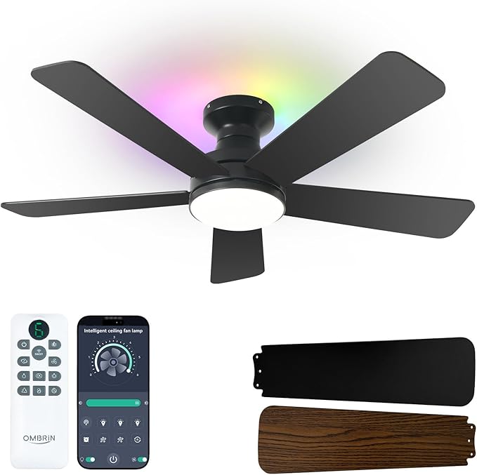 42 Inch Ceiling Fan with Lights, RGB Ceiling Fan with Light, App & Remote Control, Flush Mount Low Profile, Reversible, 3CCT, Dimmable LED, Noiseless, Black Ceiling Fan for Bedroom
