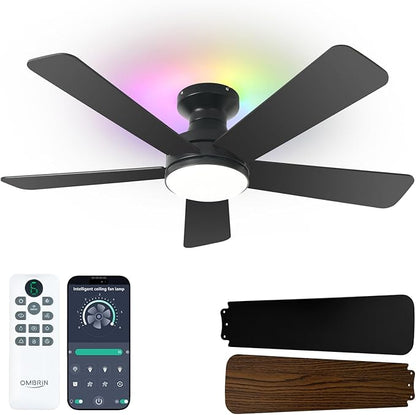 42 Inch Ceiling Fan with Lights, RGB Ceiling Fan with Light, App & Remote Control, Flush Mount Low Profile, Reversible, 3CCT, Dimmable LED, Noiseless, Black Ceiling Fan for Bedroom