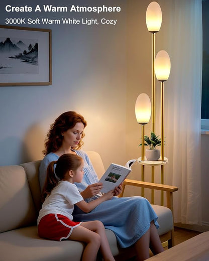 Gold Dimmable Floor Lamp with Table, UniqueTall Standing Lamps with 3000K G9 Bulbs for Reading, Mid Century Modern Floor Lamp with 5Lbs Heavy Base for Living Room Bedroom Office