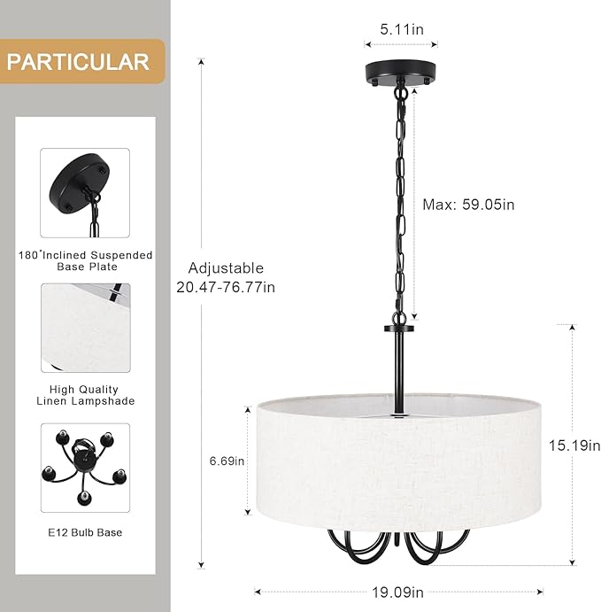 5 Lights Drum Chandelier for Dining Room 19" Modern Farmhouse Black Chandeliers with Shades Round Pendant Light Fixtures Linen Hanging Chandeliers for Bedroom Living Room Kitchen Over Table Foyer