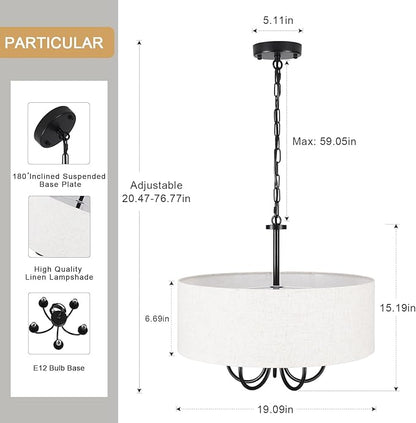 5 Lights Drum Chandelier for Dining Room 19" Modern Farmhouse Black Chandeliers with Shades Round Pendant Light Fixtures Linen Hanging Chandeliers for Bedroom Living Room Kitchen Over Table Foyer