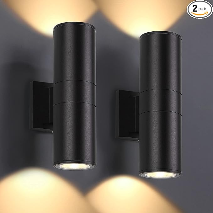DAKAFUL Outdoor Wall Lights 2 Packs, Integrated LED Cylinder Up Down 12W 2700K Modern Aluminum Light, Waterproof Exterior Light for Porch Patio Door, Matte Black