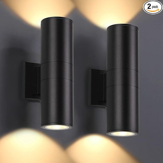 DAKAFUL Outdoor Wall Lights 2 Packs, Integrated LED Cylinder Up Down 12W 2700K Modern Aluminum Light, Waterproof Exterior Light for Porch Patio Door, Matte Black