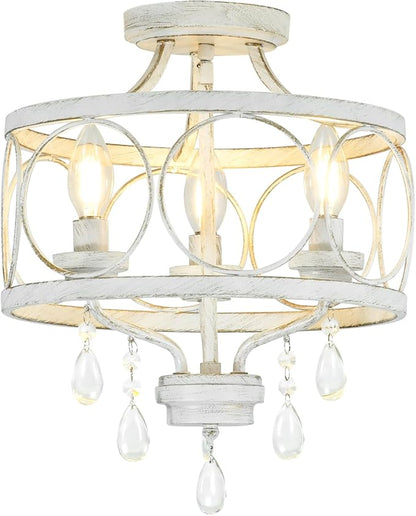 3-Light Modern White Crystal Chandelier, Farmhouse Ceiling Light Fixture, Hanging Metal Pendant Lights Kitchen Island Dining Room Entryway Foyer