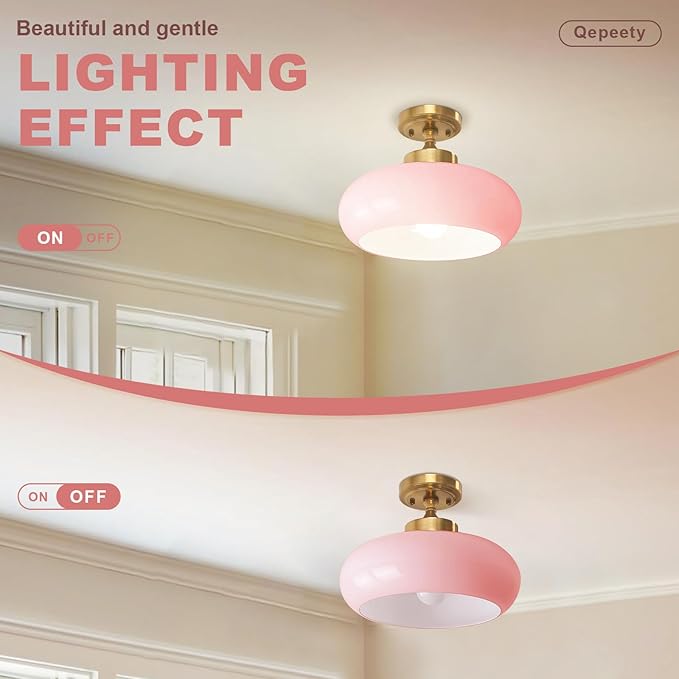 Mid Century Modern Flush Mount Ceiling Light Vintage Pink Close to Ceiling Light Fixtures Overhead Light Gold Glass Chandelier for Kids Room Hallway Living Room Kitchen