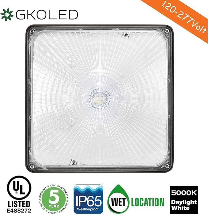 GKOLED 40W LED Square Canopy Light Replaces 175W PSMH with 5450lumens, 5000K and Dark Bronze Finish, UL Listed, 5-Year Limited Warranty Ideal for Indoor and Outdoor Applications