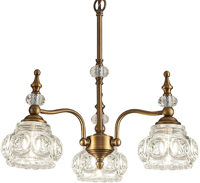 Vintage Pendant Light Fixture, Modern 3 Lights Brass Glass Pendant Lighting Matte Brushed Antique Chandelier Brass Finish with Crystal Glass Shade Vintage Chandeliers for Kitchen Island