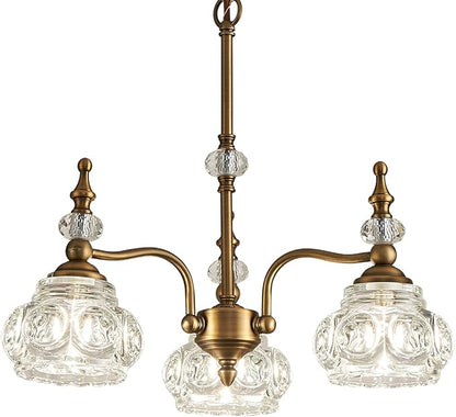 Vintage Pendant Light Fixture, Modern 3 Lights Brass Glass Pendant Lighting Matte Brushed Antique Chandelier Brass Finish with Crystal Glass Shade Vintage Chandeliers for Kitchen Island