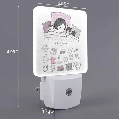 LED Night Light,Girl Cats Sleep in Bed Good Night Sweet Dream Bed Time LED Night Light Plug into Wall with Dusk to Dawn Light Sensor White Energy Efficient Nightlight for Bedroom Hallway