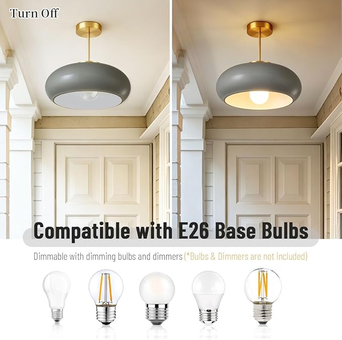 Gray Light Fixture Mid Century Semi Flush Mount Ceiling Light Nursery Close to Ceiling Lights Hallway Gold Semi Flush Mount Lamp Modern Porch Glass Chandeliers Entryway Overhead Light
