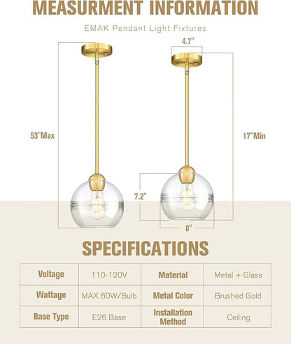 Emak 8 Inch Globe Pendant Lights Kitchen Island, Brushed Gold Pendant Light Fixtures with Clear Glass Shade, Modern Island Lights for Kitchen, Dining Room, Bathroom, PL121-BGD-AG