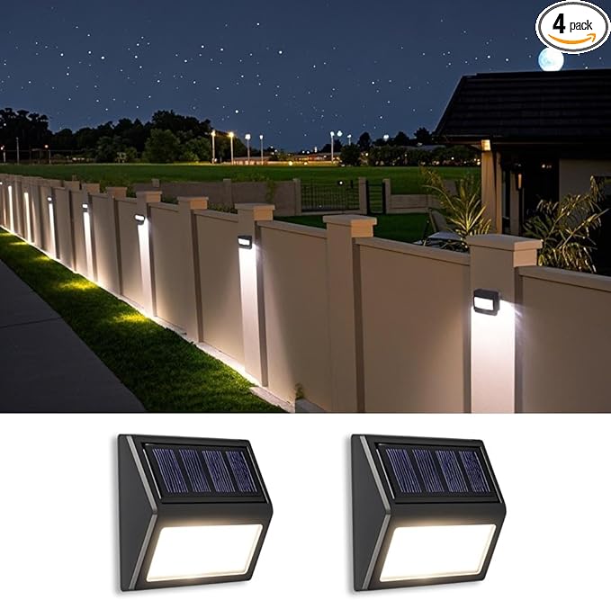Solar Fence Lights Outdoor,Waterproof Solar Stair Step Deck Lights Wireless for Patio Garden Backyard Garage Driveway ﻿ (Cool White, 2-Pack)