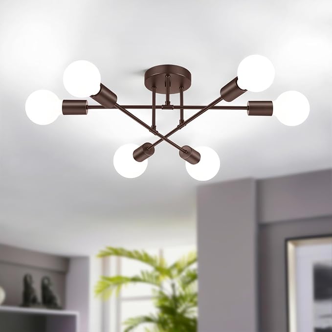 Bosceos Modern Sputnik Chandelier Ceiling Light Fixture 6-Light, Bedroom Light Fixture, Sputnik Lights Fixture for Living Room, Dining Room, Kitchen, Office, Foyer, Hallway (Brown) - E26 Base