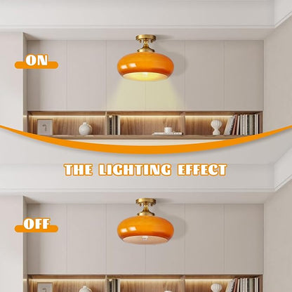 Mid Century Modern Semi Flush Mount Ceiling Light, Orange Vintage Glass Ceiling Lamp for Kitchen Hallway Living Room Entryway Bathroom Light Fixture