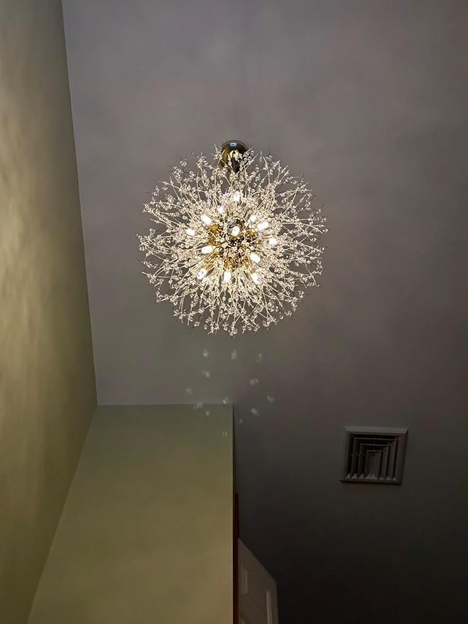 Modern Dandelion Firework Chandelier, Gold Dining Room Chandelier, Crystal Hanging Pendant Lighting Fixture for Living Room, Bathroom, Bedroom, Restaurant, 16-Light