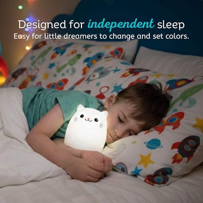 Lumipets Clive the Cat Squishy Silicone Night Light for Kids | Cute Night Light with Remote & Touch Control for Baby & Toddler Bedrooms | Color Changing Portable Animal Nightlight | Kids Mood Lamp