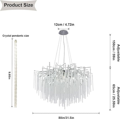 Crystal Chandelier Modern Chandelier Ceiling Light Fixture, 31.5in Waterfall Tree Branch Chandeliers for Dining Room Kitchen Island Living Room Foyer 10-Light (Silver)