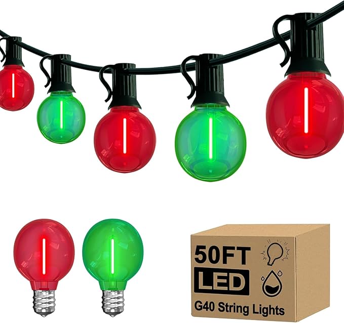 G40 LED Christmas String Lights, 50FT Christmas G40 String Lights with 27 Shatterproof LED Clear Red Green Bulbs, Xmas Outdoor Decoration Lights for Patio Backyard Roofline Garden Yard
