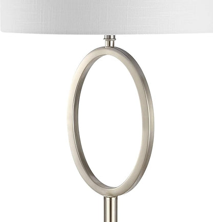JONATHAN Y 61" Nickel Metal LED Floor Lamp for Living Room Modern Hoop Design Standing Lamp, White Linen Drum Shade, Bedroom Home Office, LED Bulb Included (JYL1089C)