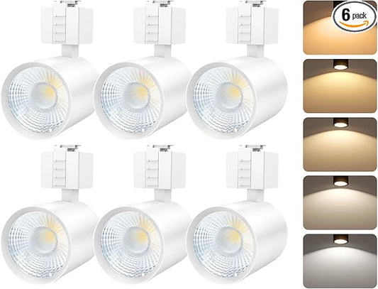 FLSNT LED J Track Lighting Heads, 10W (60W Eq.), 5CCT (2700K-5000K), 800LM CRI90 Dimmable Track Light Head, 36°COB Spotlight, J Type Compatible Track Light for Accent Lighting, White, 6 Pack