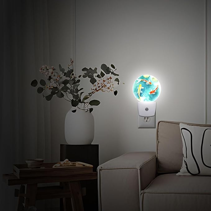 Fish Pond Night Light Plug Into Wall Auto Led Sleep Round Lamp for Living Room Hallway Stairs