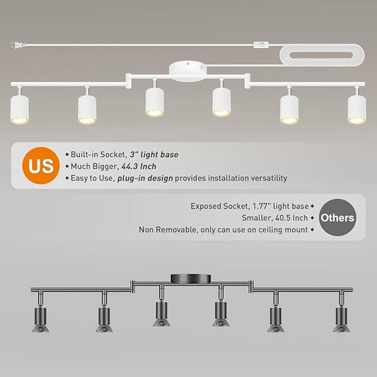 Track Lighting Plug in, LED Track Lighting Fixtures Ceiling Kit, White 6-Light Ceiling Light Plug-in, Wall Light with 14.8ft Power Cord, Rotatable Kitchen Spotlight for Bedroom(GU10 Socket, NO Bulb)