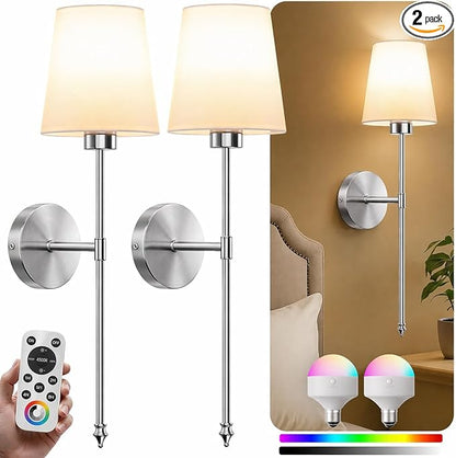 IRONPAX Wall Sconces Battery Operated Set of 2, Wireless Rechargeable Wall Sconce Set of Two, Dimmable Wall Lights with Remote for Bedroom Living Room Hallway Decor (Brushed Nickel, Fabric Shade)