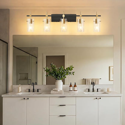 SOLFART 40.1 inch Vintage Brass Bathroom Vanity Light fixtures Bathroom Wall Lights Over Mirror with Glass Shade 5 Light