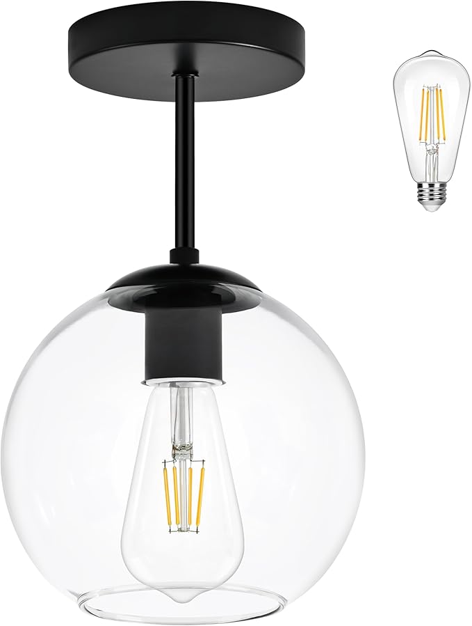 Bagood Black Semi Flush Mount Ceiling Light Fixture with Clear Glass Light Fixture Mid Century Light Fixtures Black Semi Flush Ceiling Light Fixtures for Dining Room Kitchen (Bulb Included)