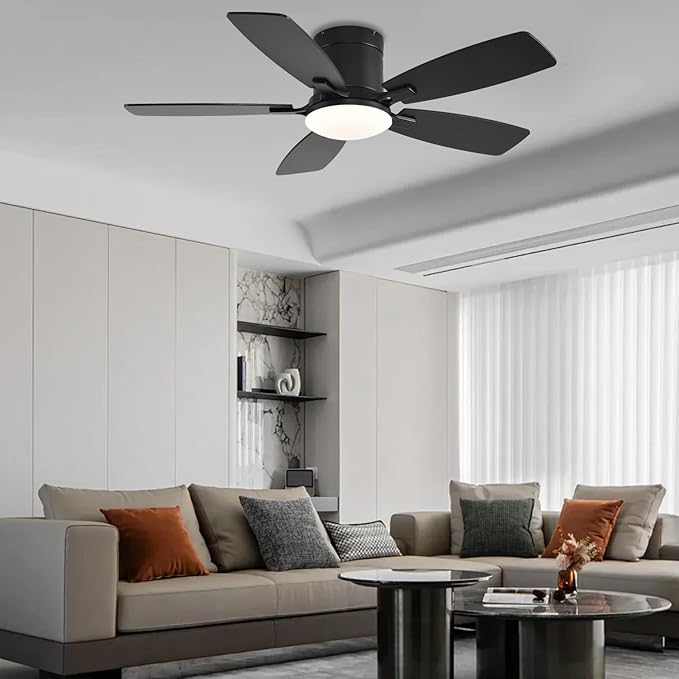 Ayaoty Ceiling Fans with Lights, 42 inch Low Profile Ceiling Fan with Light and Remote Control, Flush Mount, Reversible Motor, Dimmable, Noiseless, Black Ceiling Fan for Bedroom, Indoor/Outdoor Use