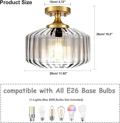 Glass Globe Ceiling Light 2 Pack Dining Room Light Fixture 1-Light Ceiling Lamp Clear Striped Glass Shade Semi Flush Mount Ceiling Light Fixture Farmhouse for Hallway, Kitchen, Entryway