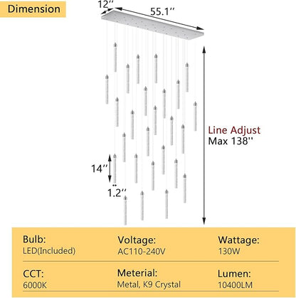Rectangular Chandeliers 26-Lights Long Light for Entryway LED Dimmable Chandeliers Lighting Fixture Flat Sloped High Ceiling Pendant Lights Crystal for Living Room Foyer Hallway Staircase Silver
